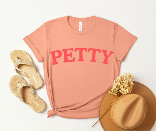 Petty arched text T-Shirt | 'PETTY' Sunset color graphic tee