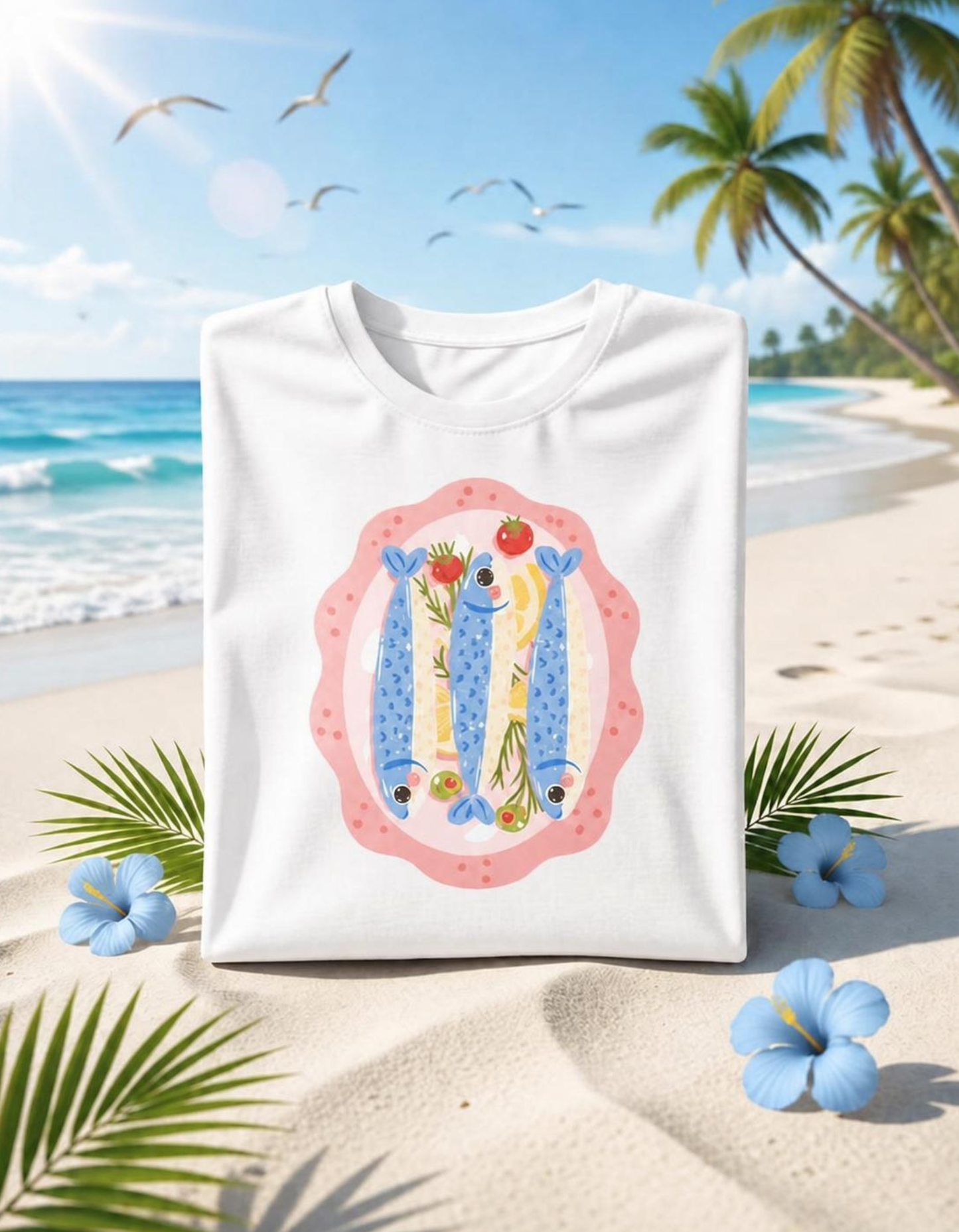 Playful Sardines Illustration T-Shirt | Fish Art, Nautical Veggie Motif