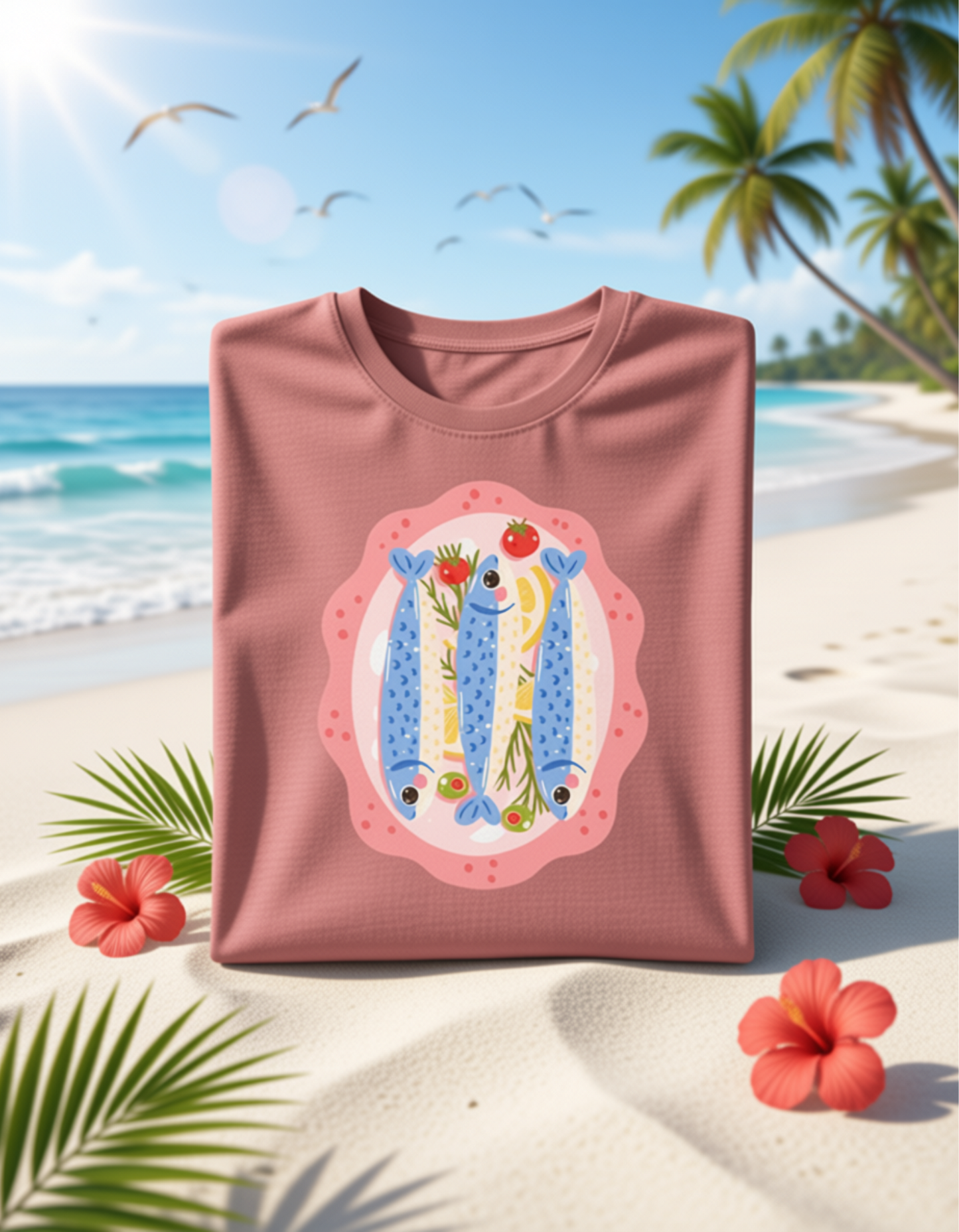 Playful Sardines Illustration T-Shirt | Fish Art, Nautical Veggie Motif