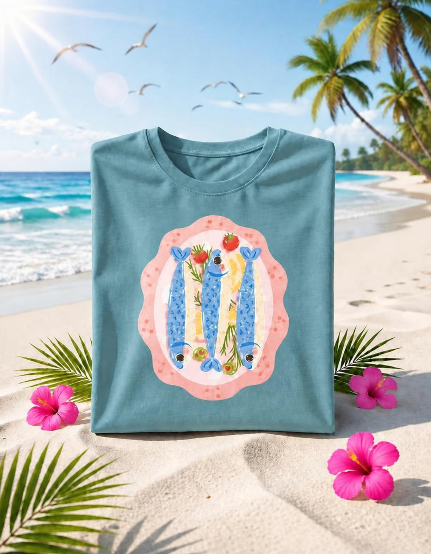 Playful Sardines Illustration T-Shirt | Fish Art, Nautical Veggie Motif