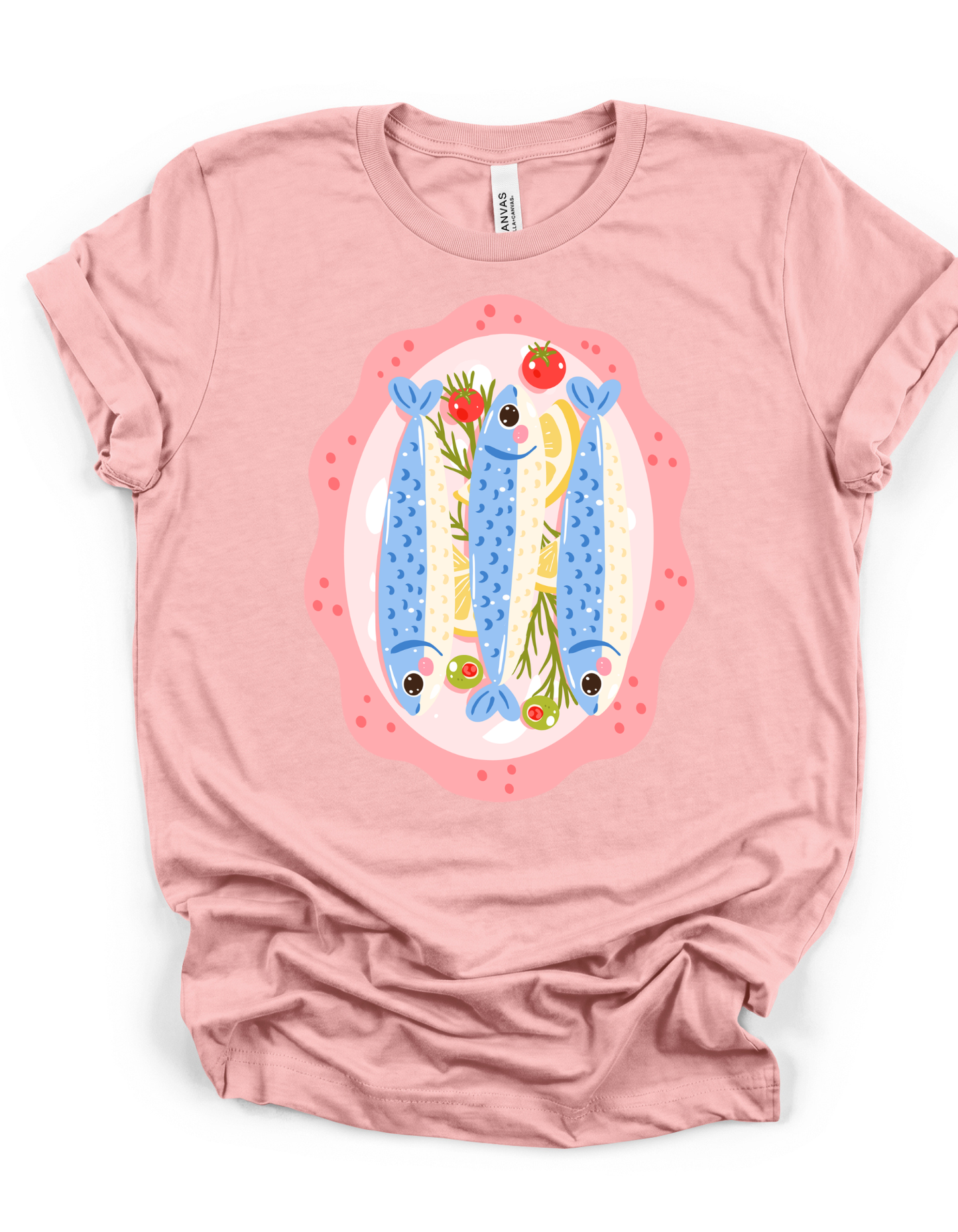 Playful Sardines Illustration T-Shirt | Fish Art, Nautical Veggie Motif