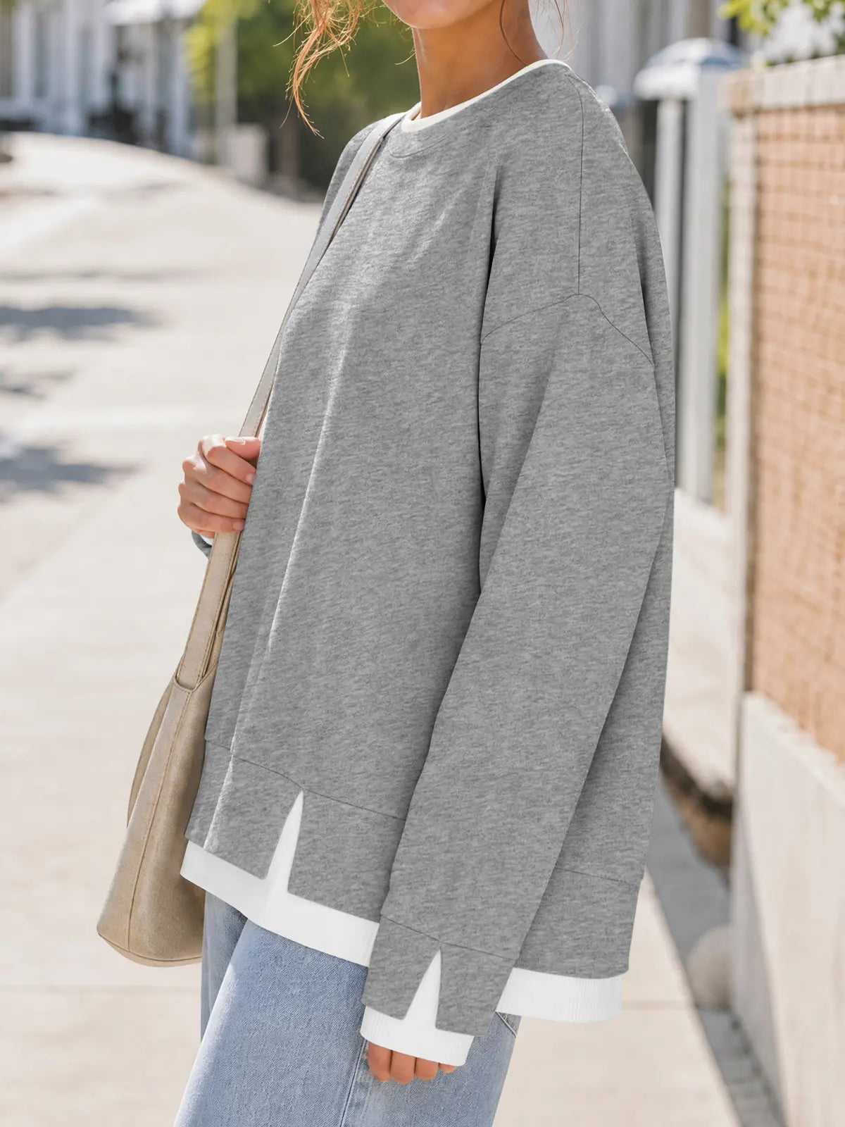 Fisoew Women'S Fake Two Piece Layered Sweatshirt, Crew Neck White Ribbed Cuff & Hem Patchwork Drop Shoulder Oversized Long Sleeve Pullover Top Hoodie Hoodie Fit Casual