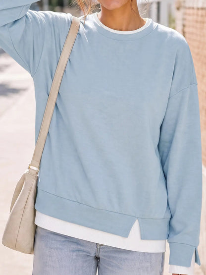 Fisoew Women'S Fake Two Piece Layered Sweatshirt, Crew Neck White Ribbed Cuff & Hem Patchwork Drop Shoulder Oversized Long Sleeve Pullover Top Hoodie Hoodie Fit Casual