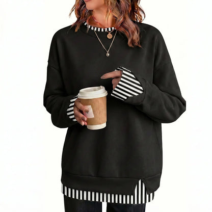Fisoew Women'S Fake Two Piece Layered Sweatshirt, Crew Neck White Ribbed Cuff & Hem Patchwork Drop Shoulder Oversized Long Sleeve Pullover Top Hoodie Hoodie Fit Casual