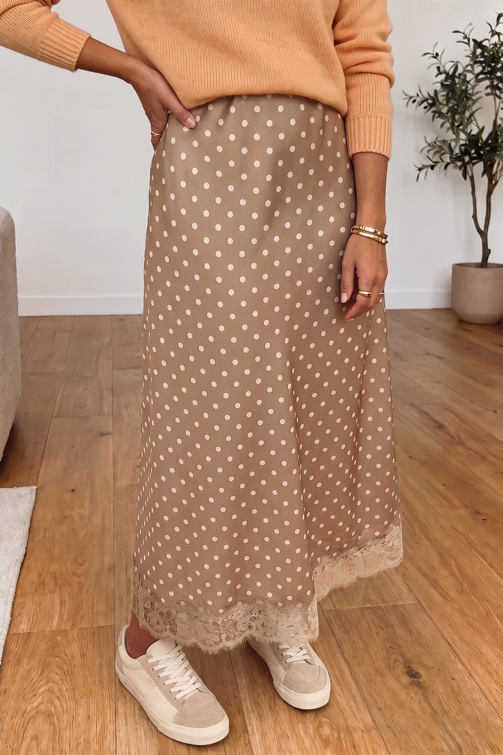 Khaki Polka Dot Lace Hem Elegant Long Shift Skirt
