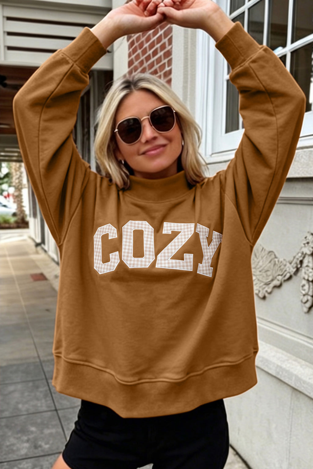 Chestnu COZY Embroidered Long Sleeve Stand Neck Shift Pullover Sweatshirt
