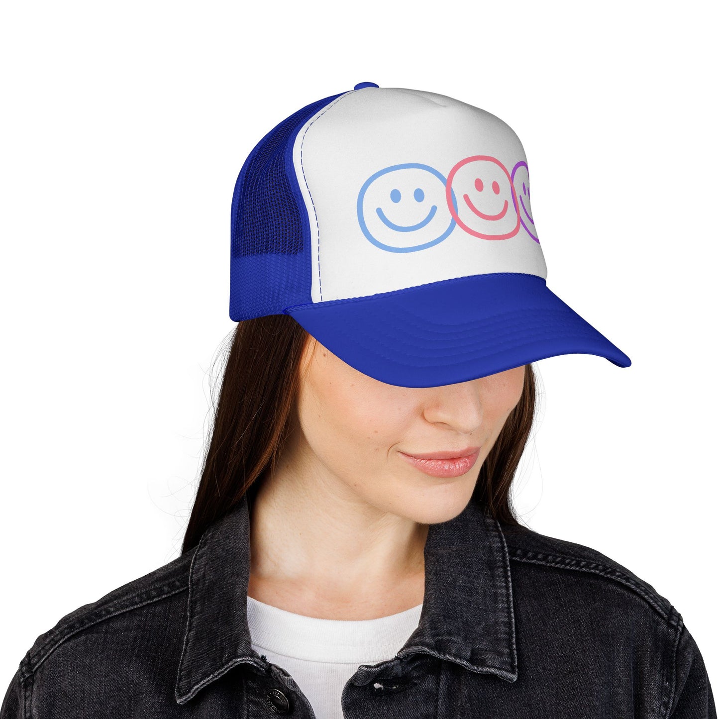 Pastel Smiley Trio Trucker Cap | Retro Happy Face Hat