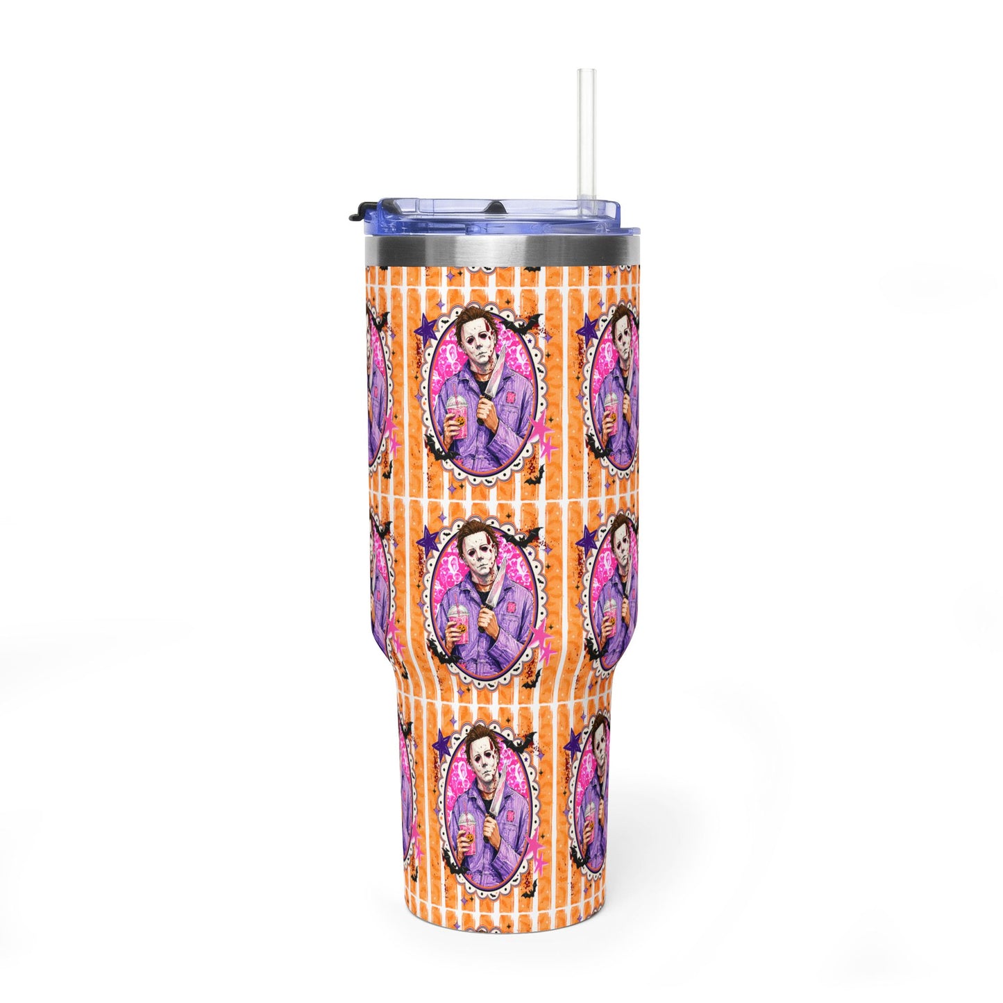 40oz Halloween Michael Myers Tumbler — Retro Orange Striped Vacuum Insulated Cup