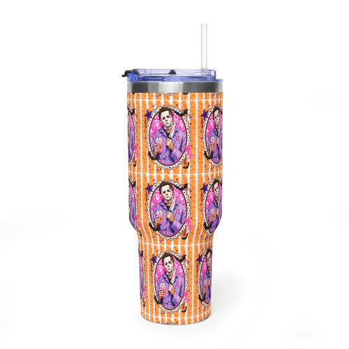 40oz Halloween Michael Myers Tumbler — Retro Orange Striped Vacuum Insulated Cup