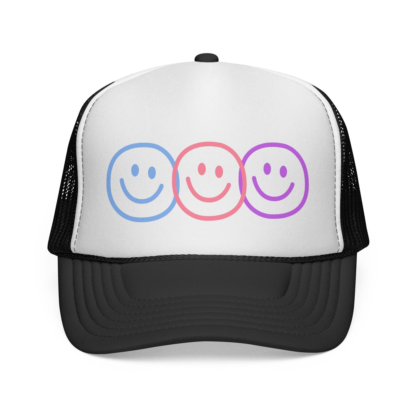 Pastel Smiley Trio Trucker Cap | Retro Happy Face Hat