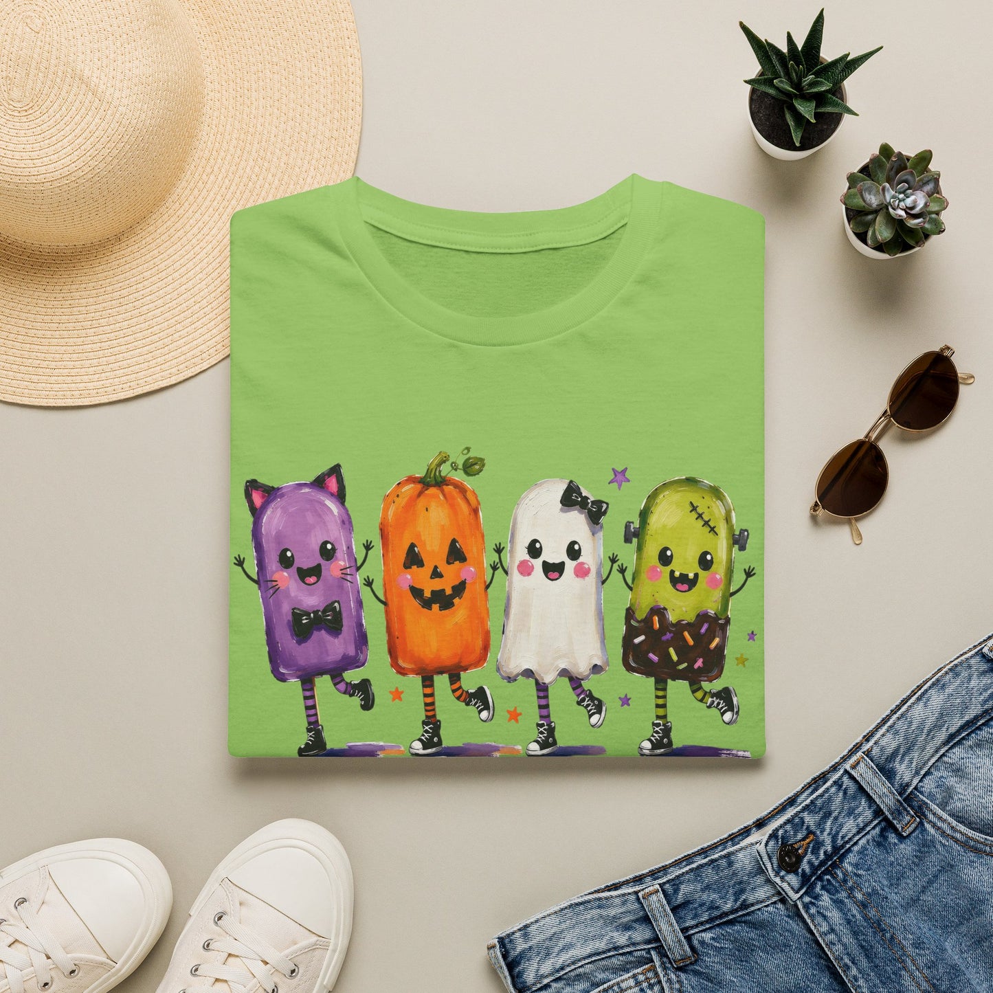 Halloween Popsicle Crew T-Shirt — Cute Dancing Pumpkin, Ghost & Candy Characters
