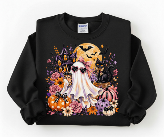 Halloween Ghost Crewneck Sweatshirt — Cute Ghost, Pumpkins & Black Cat Halloween Pullover