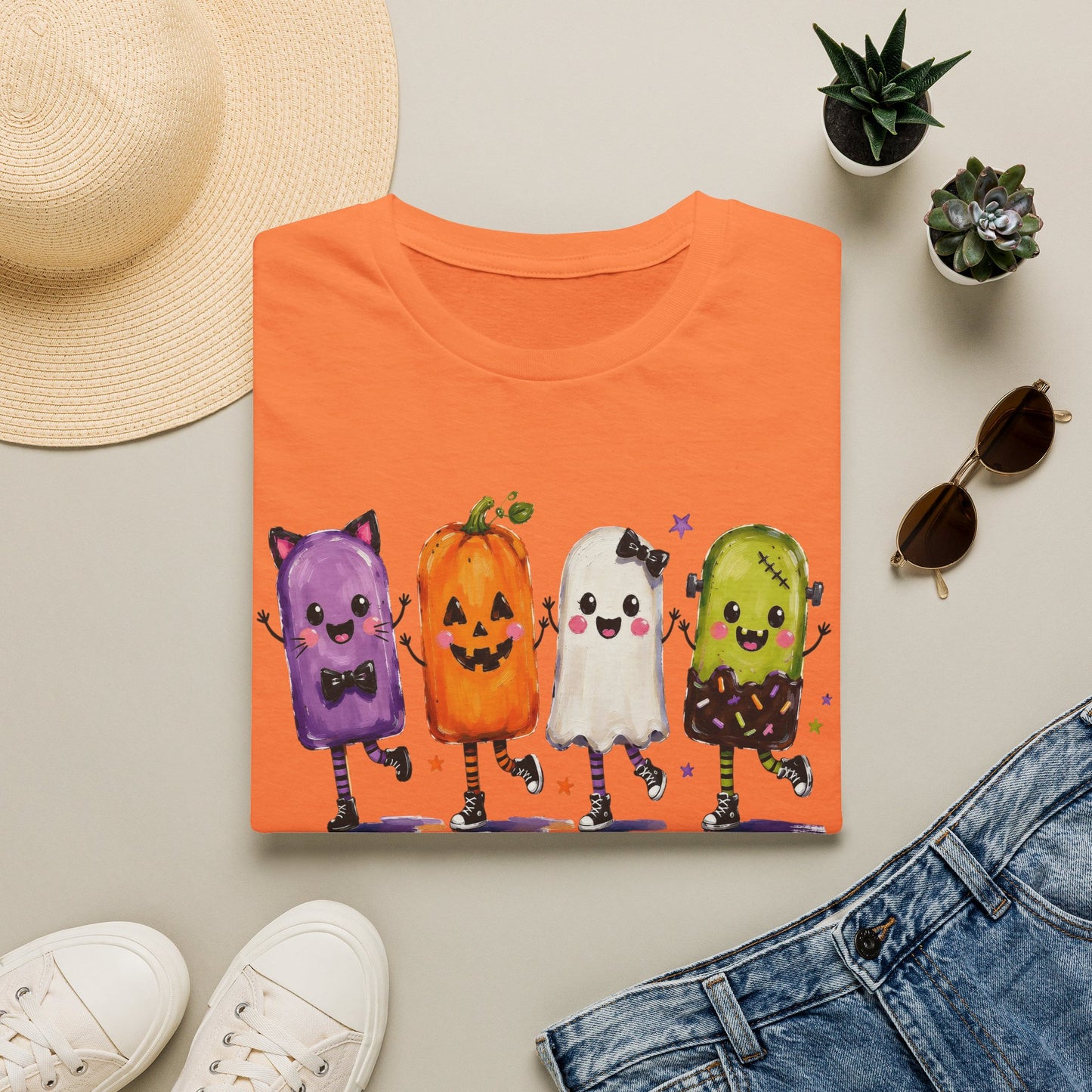 Halloween Popsicle Crew T-Shirt — Cute Dancing Pumpkin, Ghost & Candy Characters