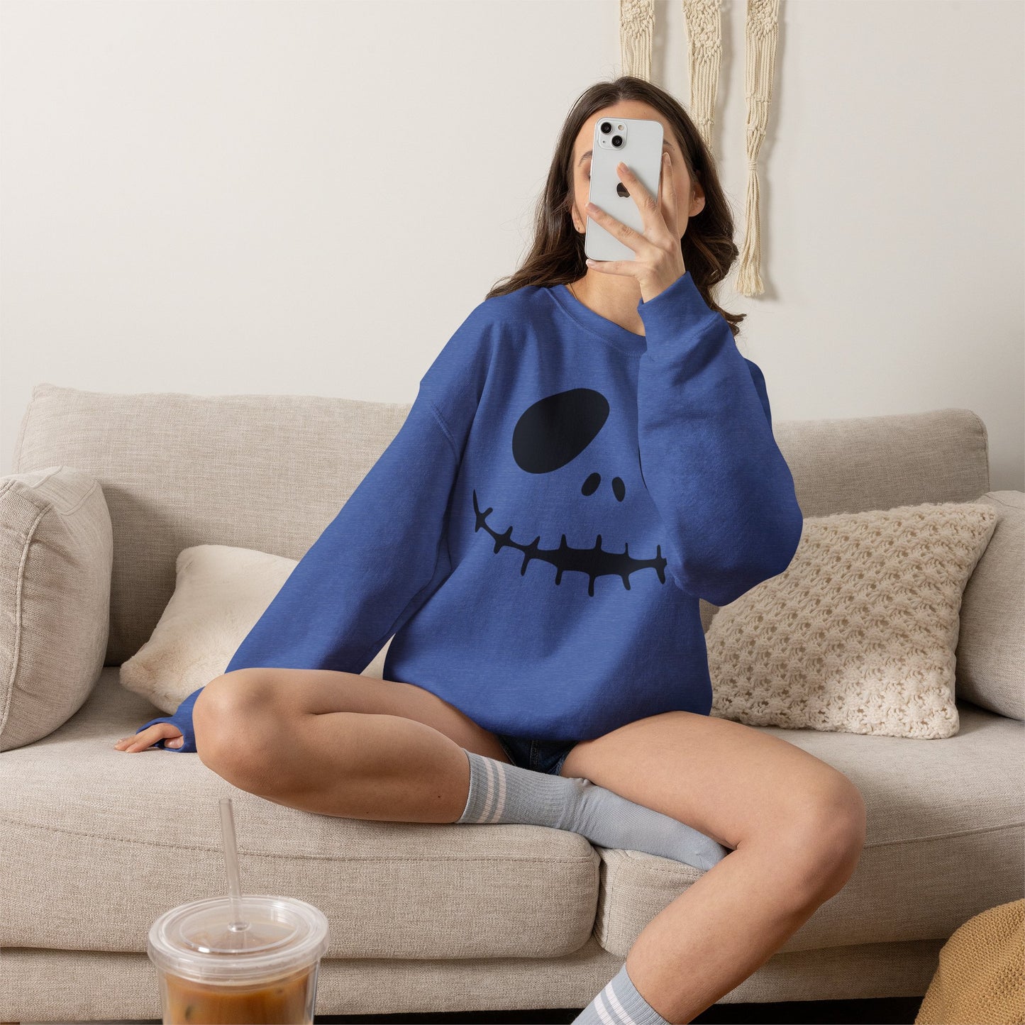 Skull Smile Crewneck Sweatshirt — Minimal Halloween Jack-O'-Lantern Face