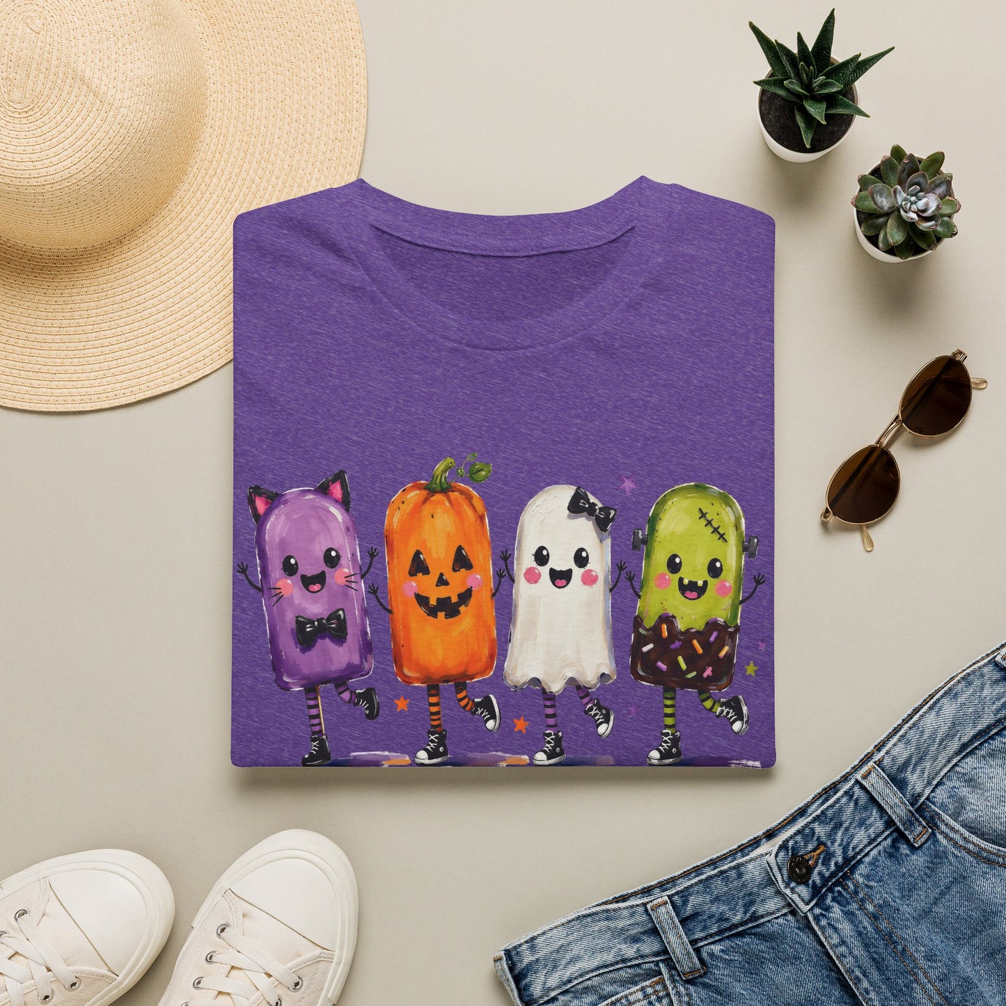 Halloween Popsicle Crew T-Shirt — Cute Dancing Pumpkin, Ghost & Candy Characters