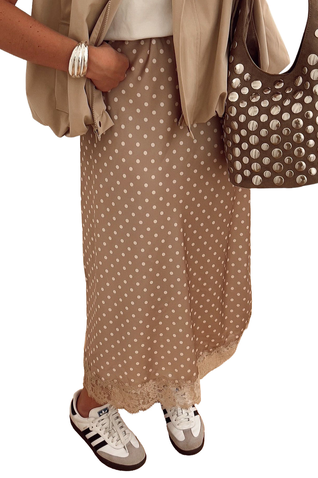 Khaki Polka Dot Lace Hem Elegant Long Shift Skirt
