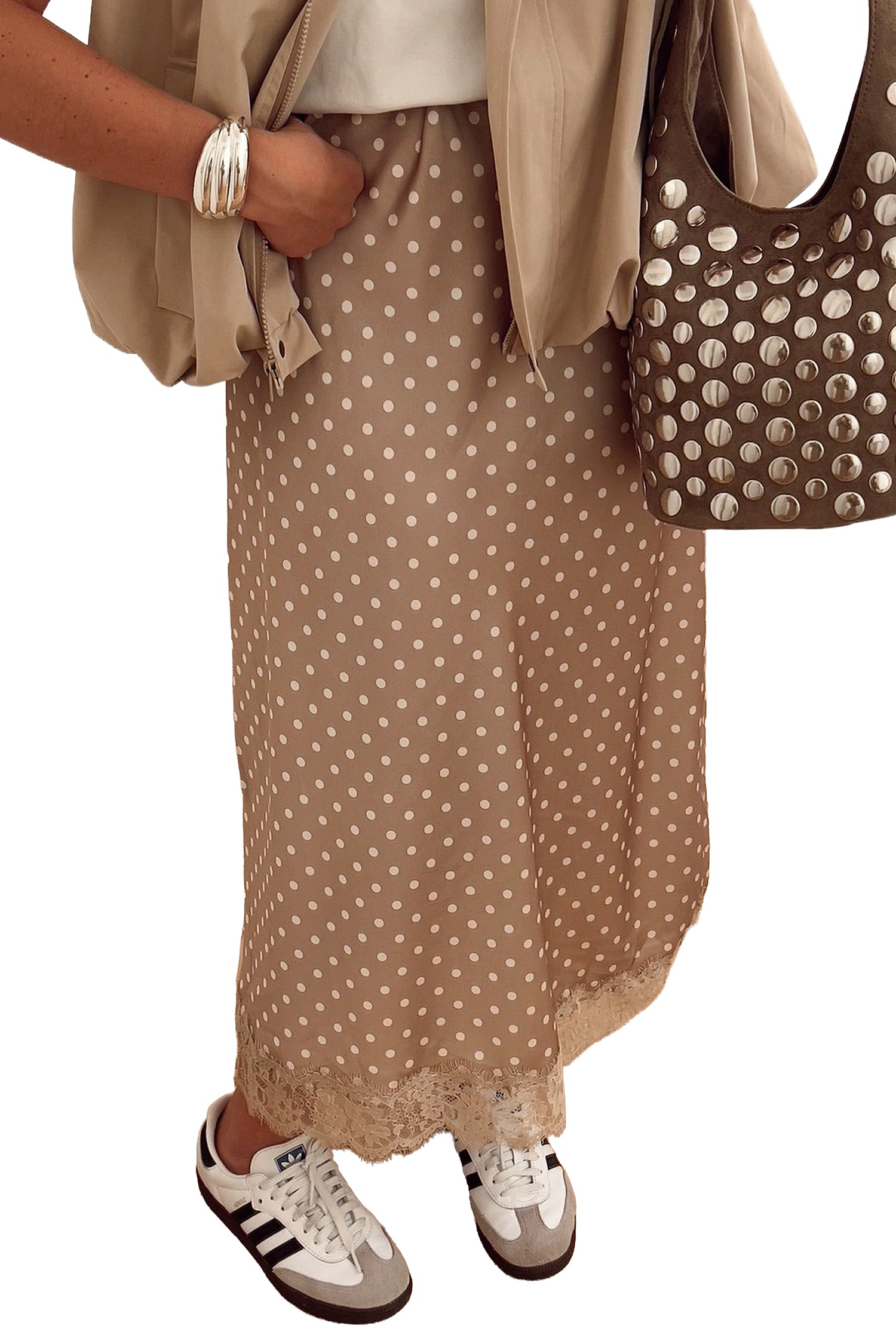 Khaki Polka Dot Lace Hem Elegant Long Shift Skirt