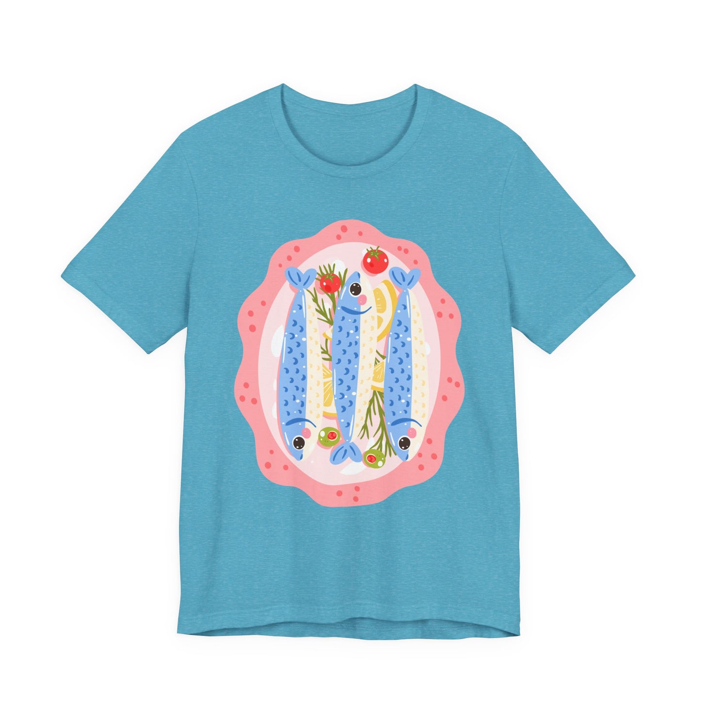 Playful Sardines Illustration T-Shirt | Fish Art, Nautical Veggie Motif