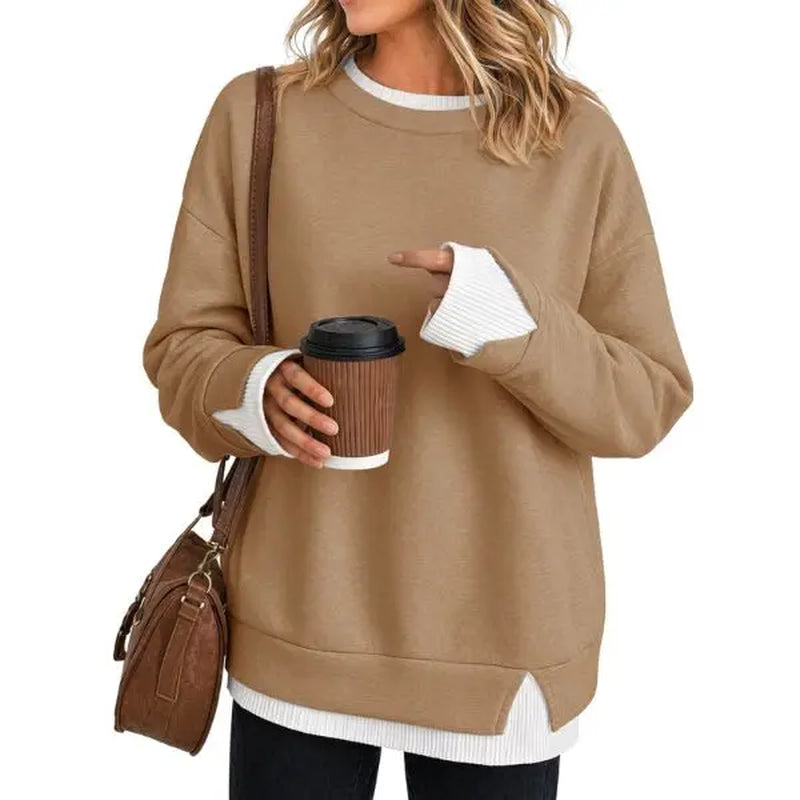 Fisoew Women'S Fake Two Piece Layered Sweatshirt, Crew Neck White Ribbed Cuff & Hem Patchwork Drop Shoulder Oversized Long Sleeve Pullover Top Hoodie Hoodie Fit Casual