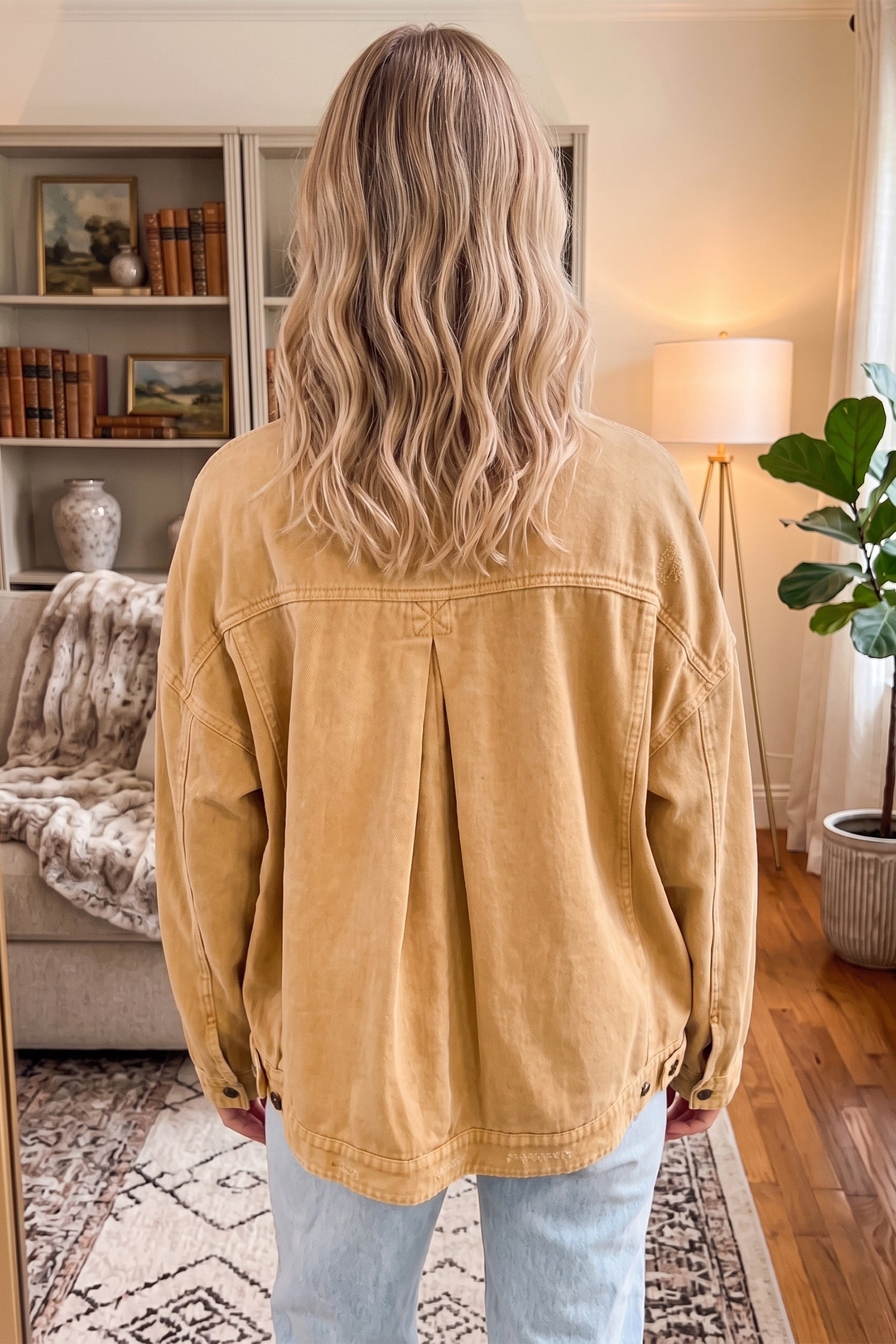 Honey gold Metal Button Front Long Sleeve Collar Denim Jacket