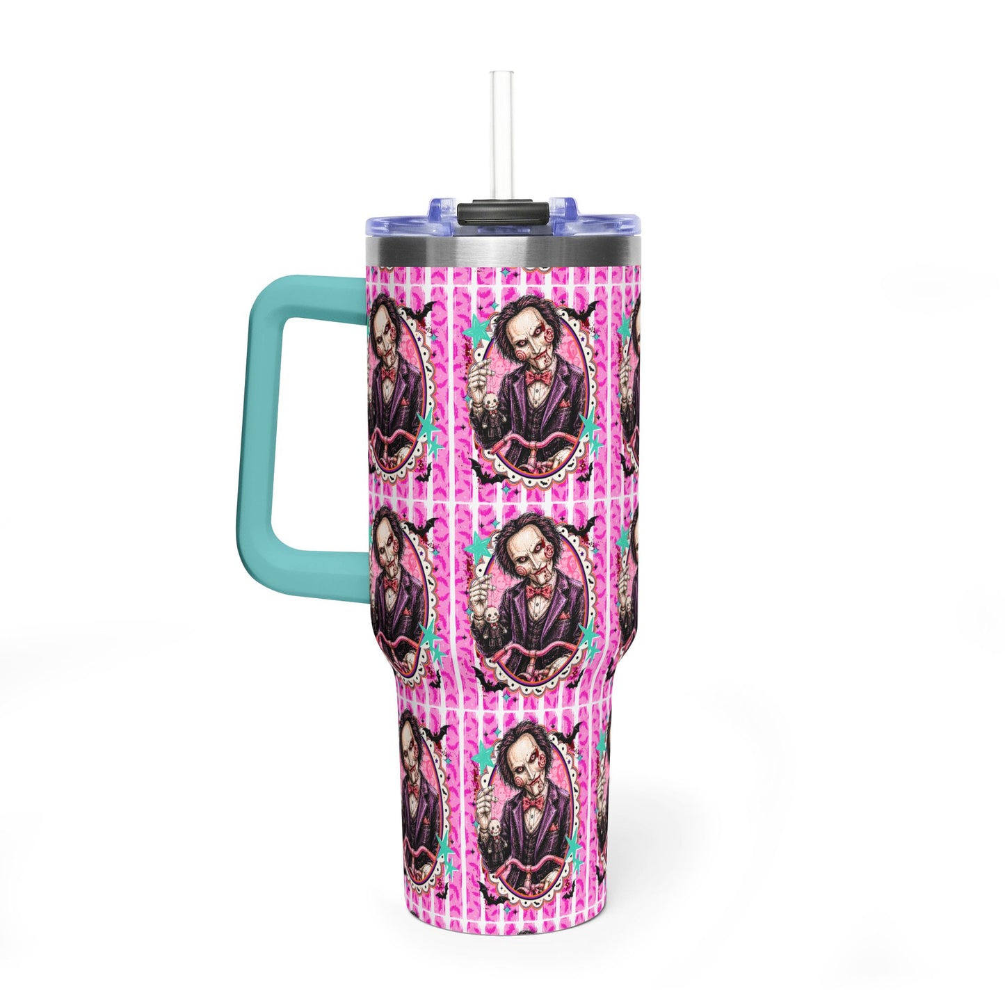 40oz Halloween JigSaw Character Vacuum Tumbler — Gothic Victorian Portrait Pink Pattern