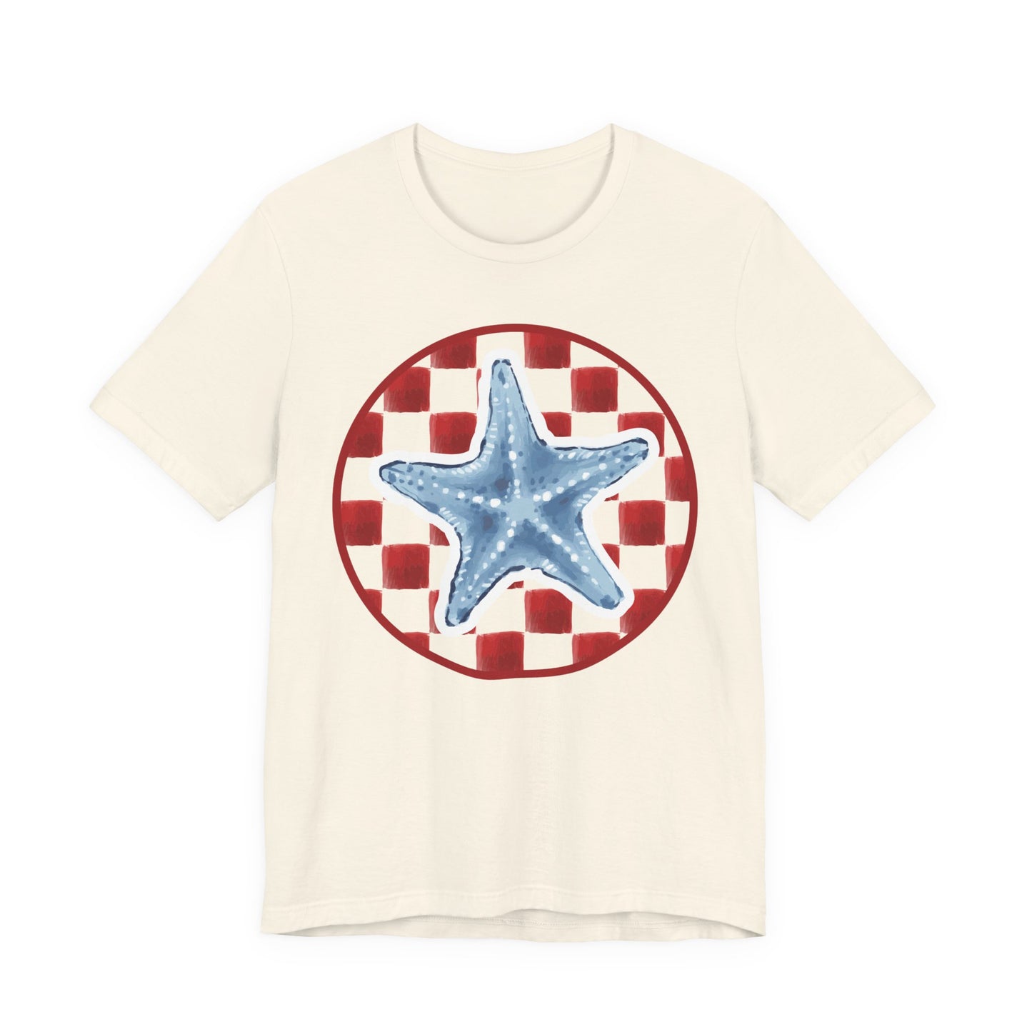 Blue Starfish on Red Check Circle T-Shirt | Nautical Beach Tee