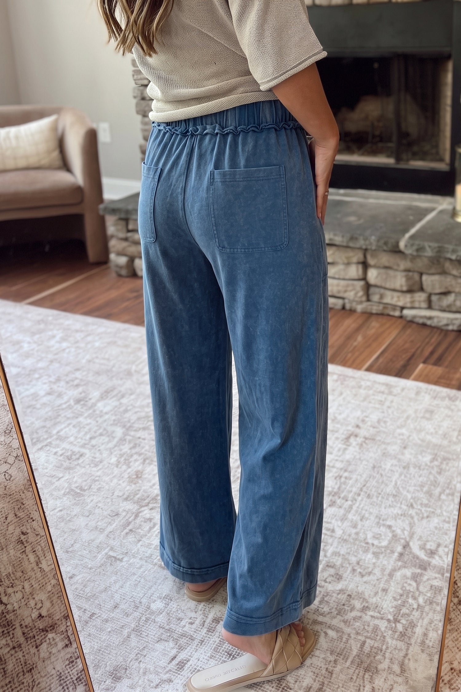 Ashleigh Blue Mineral Wash Seam Detail Flare Leg Drawstring Pants