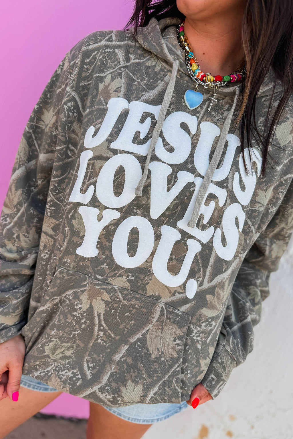 Brown Retro Camouflage Jesus Loves You Print Relaxed Hoodie