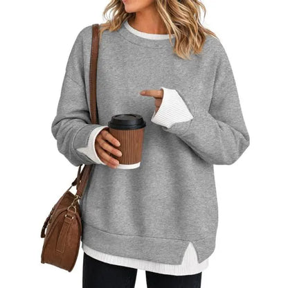 Fisoew Women'S Fake Two Piece Layered Sweatshirt, Crew Neck White Ribbed Cuff & Hem Patchwork Drop Shoulder Oversized Long Sleeve Pullover Top Hoodie Hoodie Fit Casual