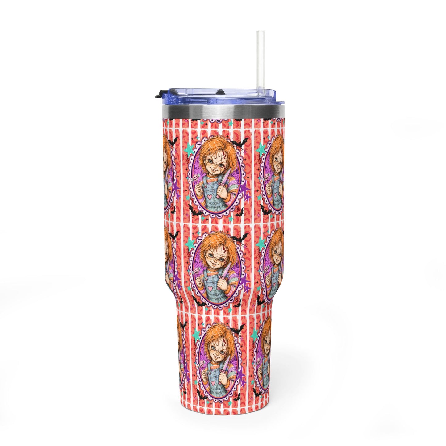 40oz Halloween Chucky Doll Insulated Tumbler — Retro Red Striped Bat Line Stainless Vacuum Cup