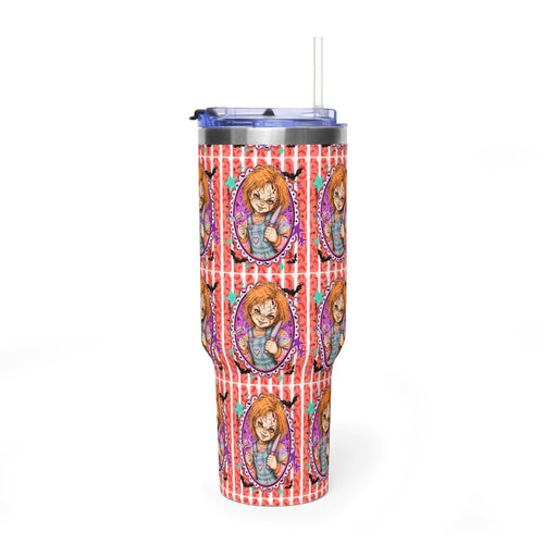 40oz Halloween Chucky Doll Insulated Tumbler — Retro Red Striped Bat Line Stainless Vacuum Cup