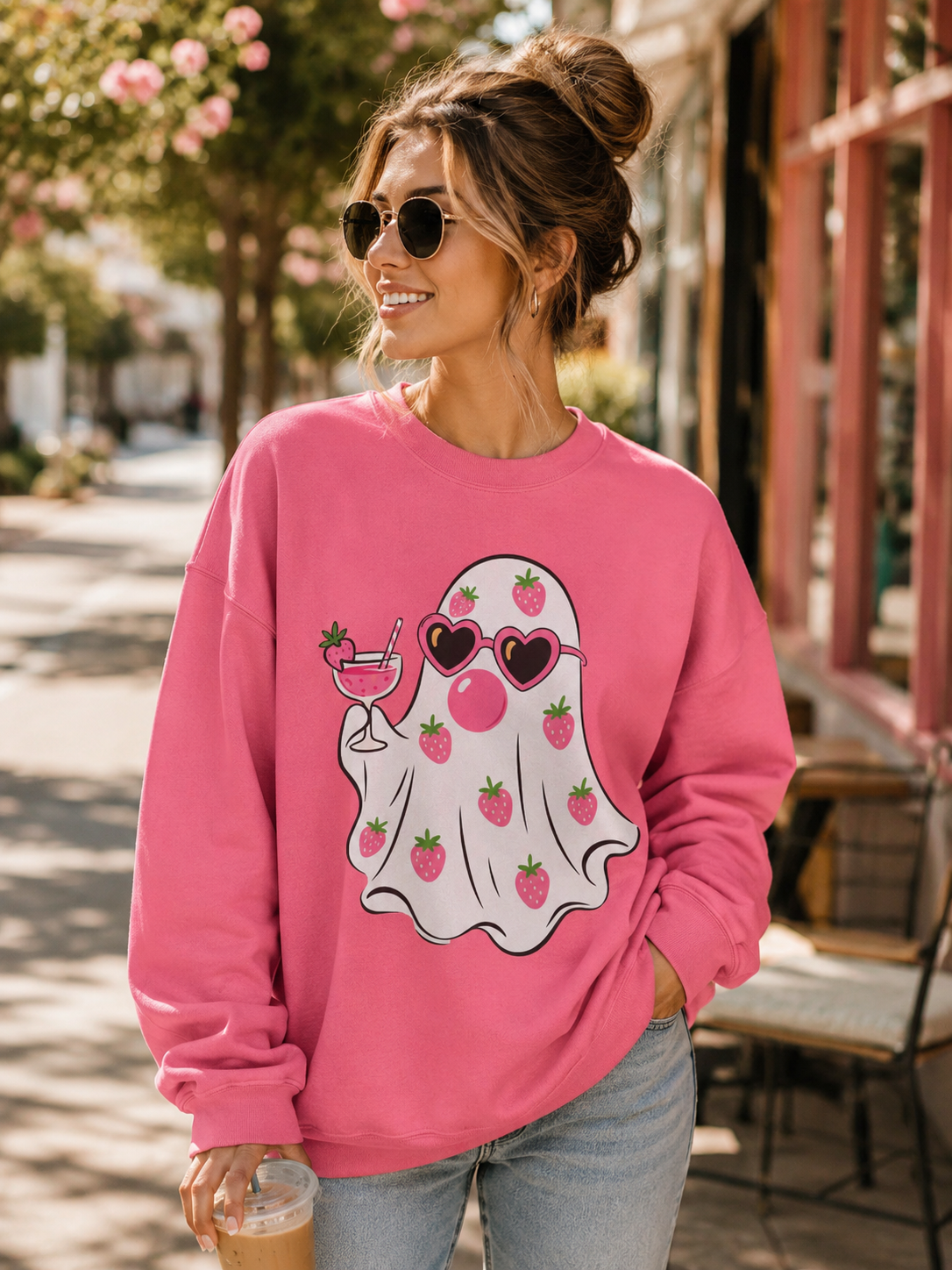 Strawberry Ghost Sunglasses Crewneck Sweatshirt | Summer Fruit Boo Graphic