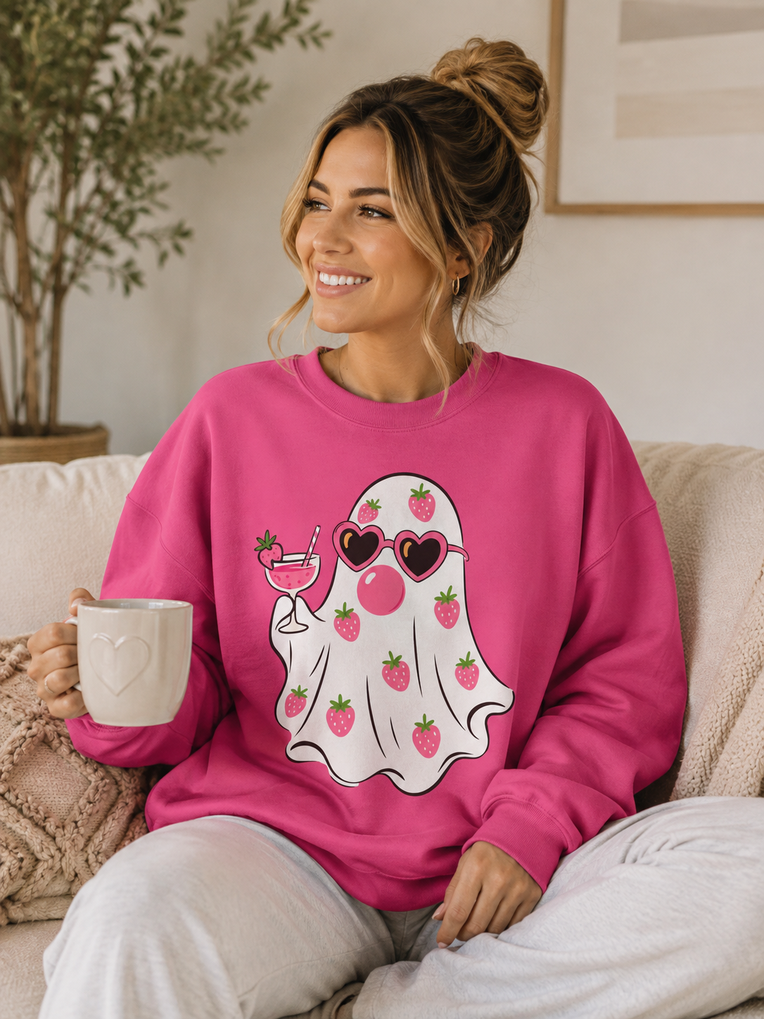 Strawberry Ghost Sunglasses Crewneck Sweatshirt | Summer Fruit Boo Graphic