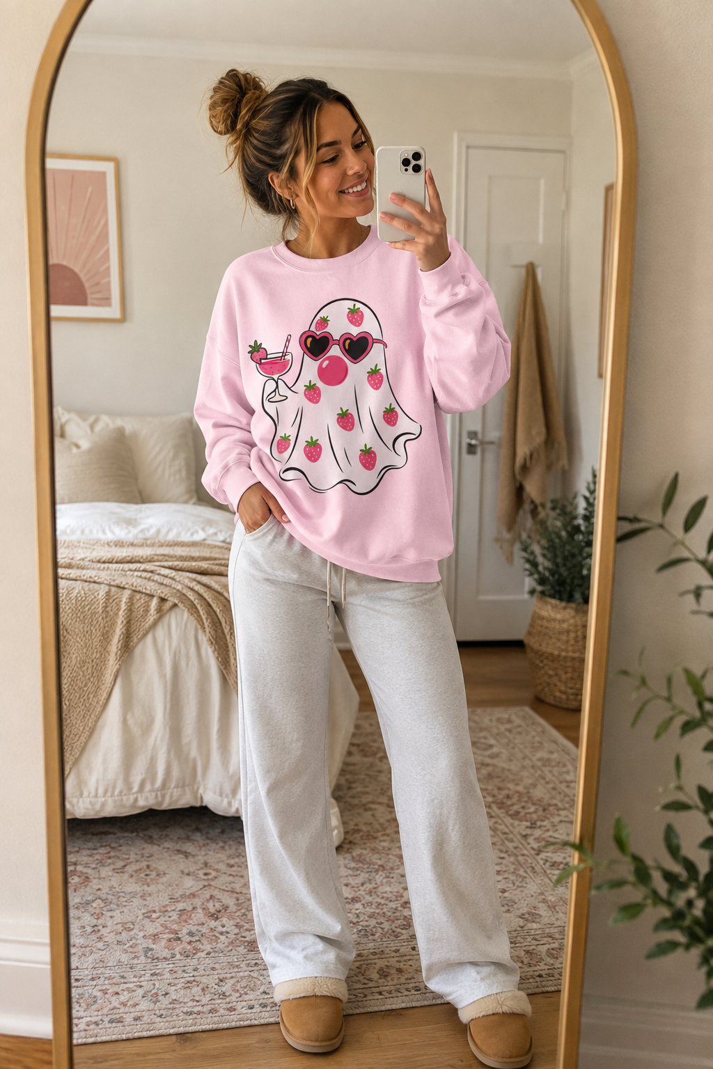 Strawberry Ghost Sunglasses Crewneck Sweatshirt | Summer Fruit Boo Graphic