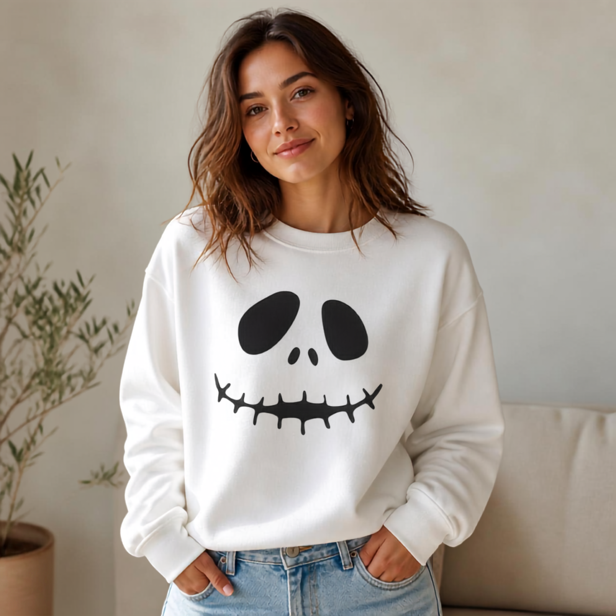 Skull Smile Crewneck Sweatshirt — Minimal Halloween Jack-O'-Lantern Face