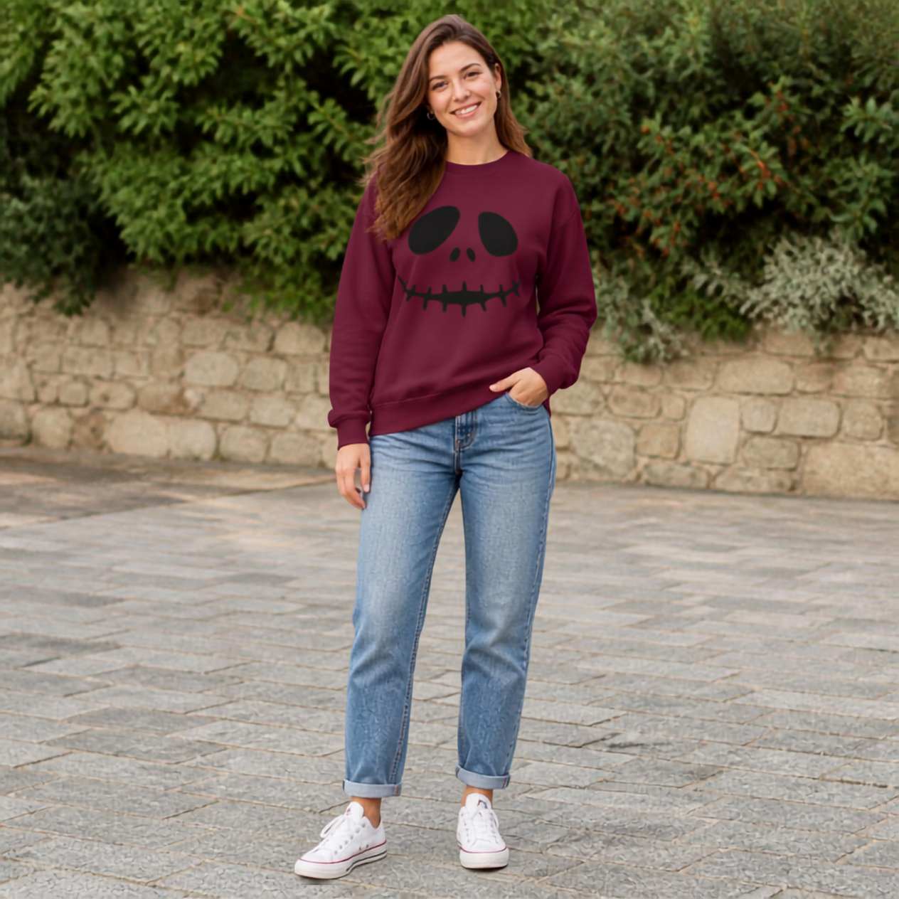 Skull Smile Crewneck Sweatshirt — Minimal Halloween Jack-O'-Lantern Face