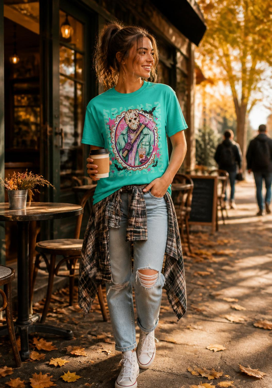 Retro Pastel Jason Voorhees Tee – Cute Horror Movie Mask Graphic Shirt