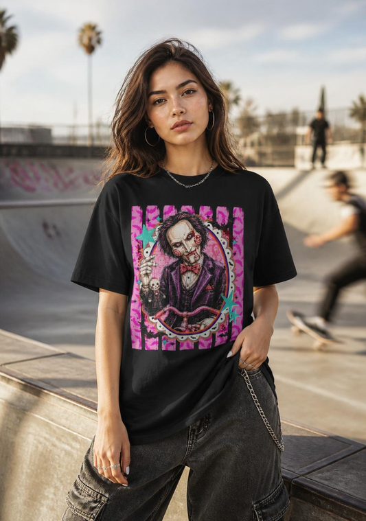Saw Puppet Graphic Tee — Retro Pink Horror Movie T-Shirt
