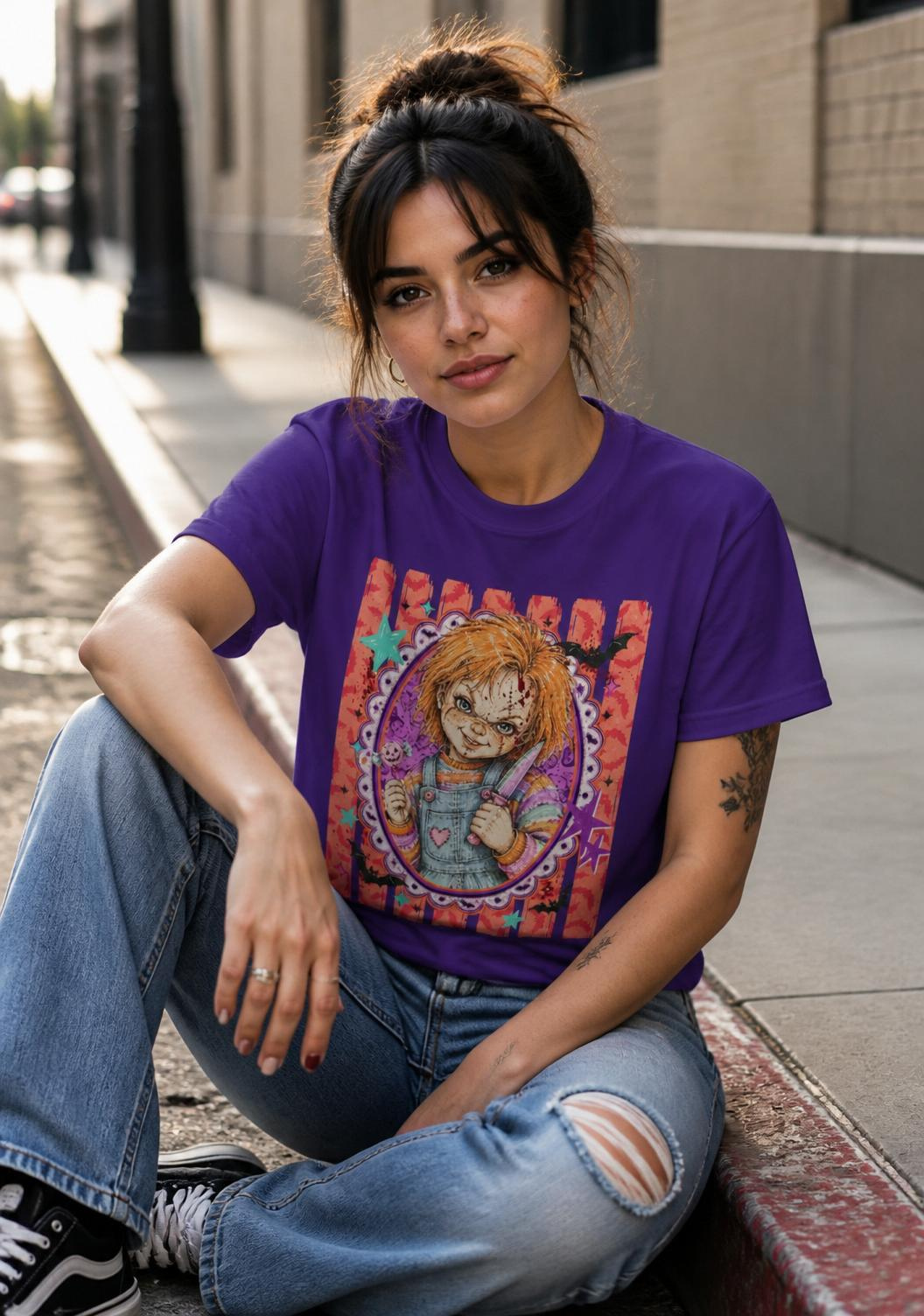 Horror Doll Graphic Tee — Cute Creepy Chucky-Inspired Design
