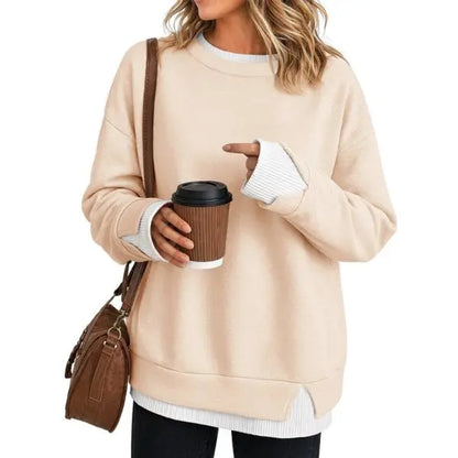 Fisoew Women'S Fake Two Piece Layered Sweatshirt, Crew Neck White Ribbed Cuff & Hem Patchwork Drop Shoulder Oversized Long Sleeve Pullover Top Hoodie Hoodie Fit Casual