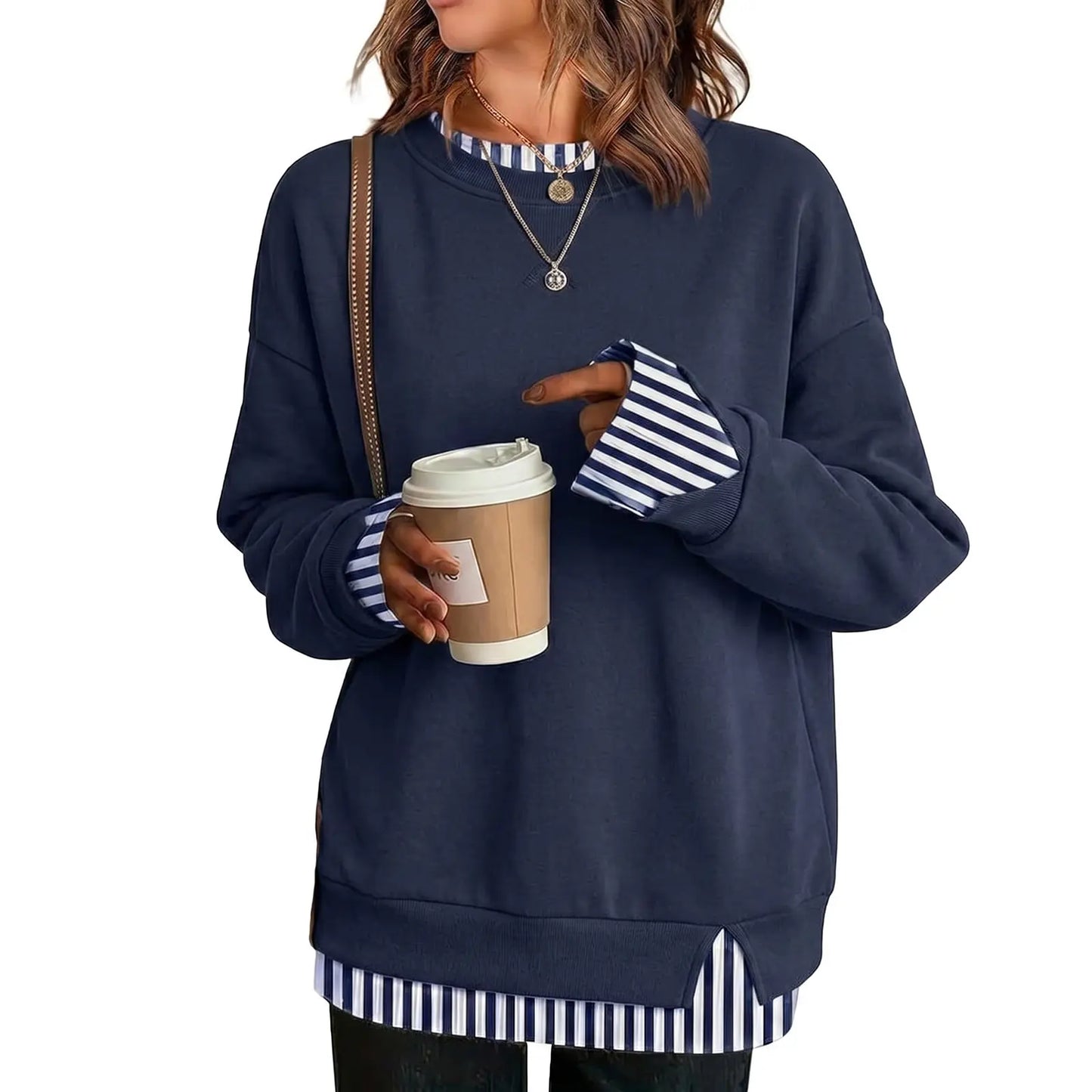 Fisoew Women'S Fake Two Piece Layered Sweatshirt, Crew Neck White Ribbed Cuff & Hem Patchwork Drop Shoulder Oversized Long Sleeve Pullover Top Hoodie Hoodie Fit Casual