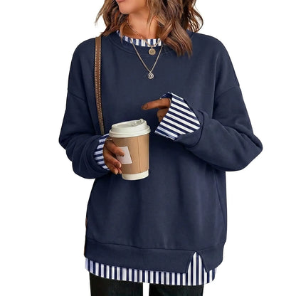 Fisoew Women'S Fake Two Piece Layered Sweatshirt, Crew Neck White Ribbed Cuff & Hem Patchwork Drop Shoulder Oversized Long Sleeve Pullover Top Hoodie Hoodie Fit Casual