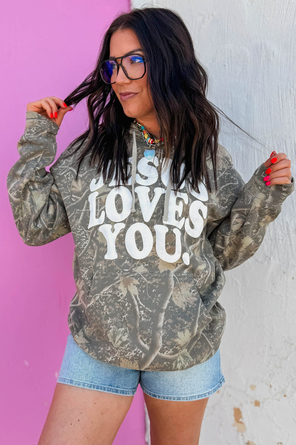 Brown Retro Camouflage Jesus Loves You Print Relaxed Hoodie
