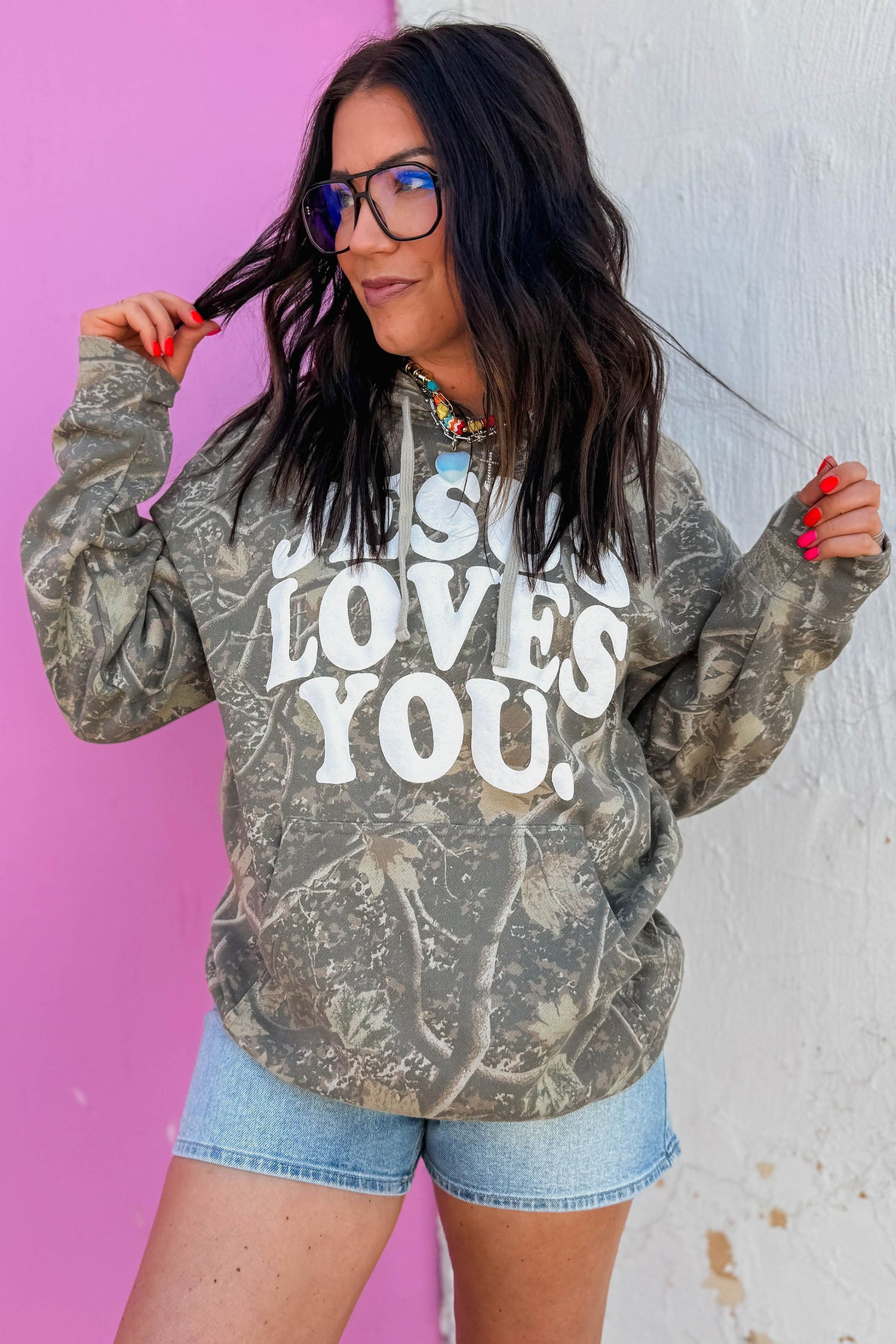 Brown Retro Camouflage Jesus Loves You Print Relaxed Hoodie