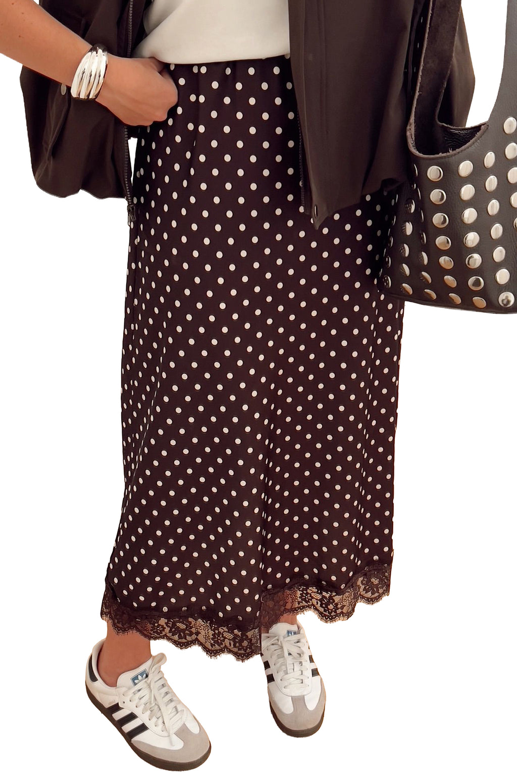 Khaki Polka Dot Lace Hem Elegant Long Shift Skirt