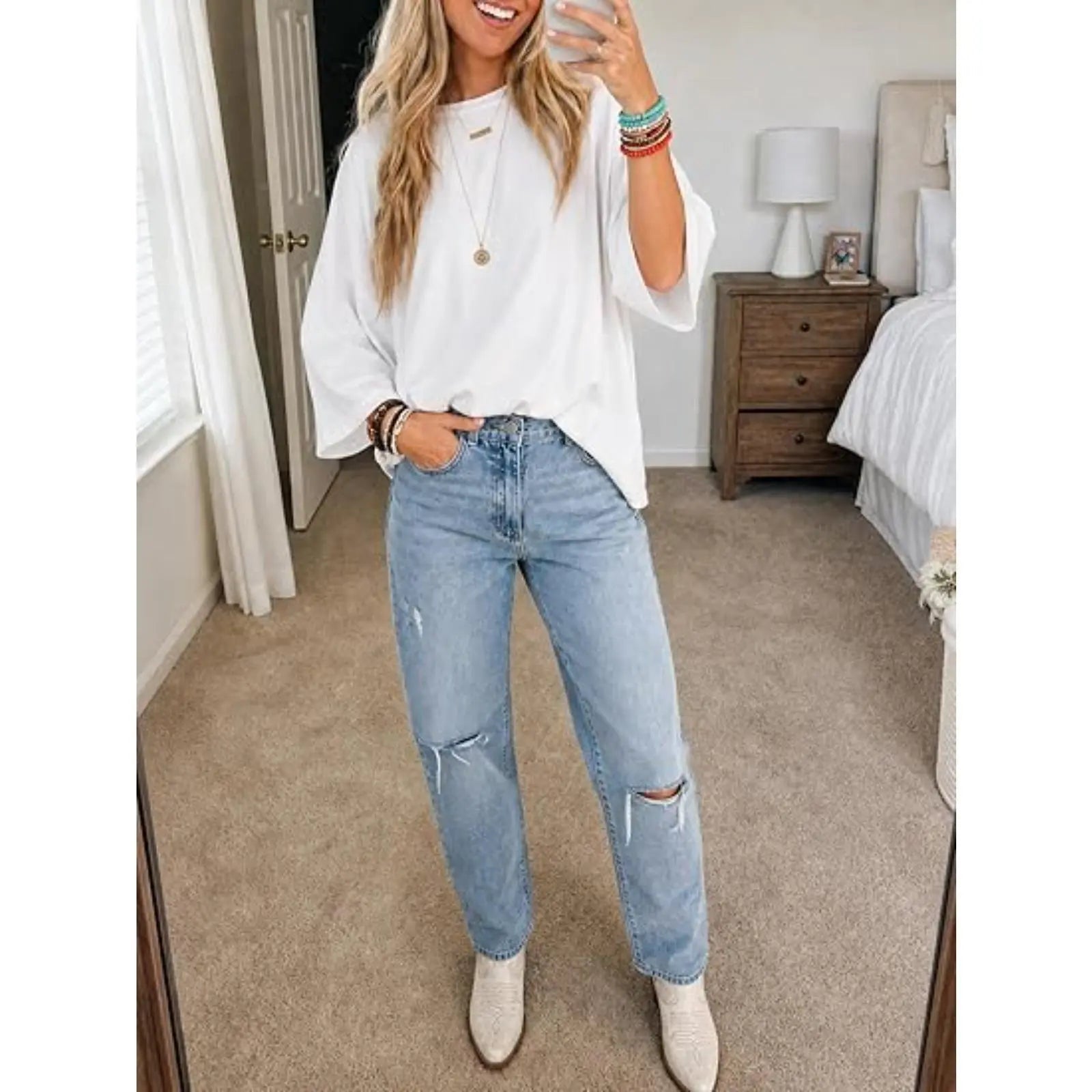 Elevate Your Casual Style with the Flowyair Women's Oversized 3/4 Sleeve T-Shirt – Perfect for Summer Relaxation!