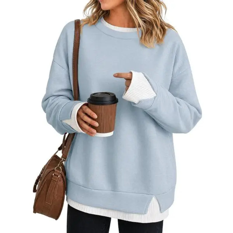 Fisoew Women'S Fake Two Piece Layered Sweatshirt, Crew Neck White Ribbed Cuff & Hem Patchwork Drop Shoulder Oversized Long Sleeve Pullover Top Hoodie Hoodie Fit Casual