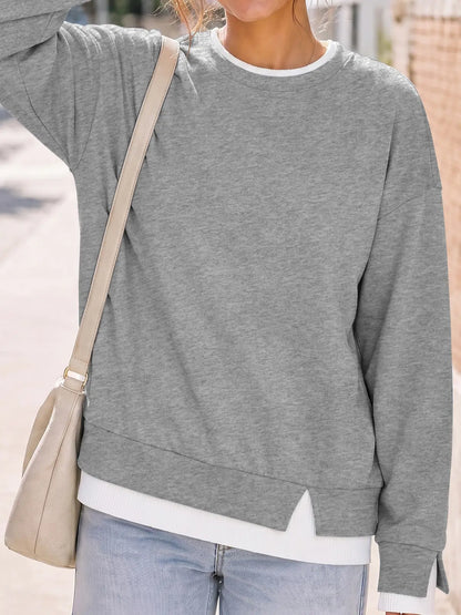 Fisoew Women'S Fake Two Piece Layered Sweatshirt, Crew Neck White Ribbed Cuff & Hem Patchwork Drop Shoulder Oversized Long Sleeve Pullover Top Hoodie Hoodie Fit Casual