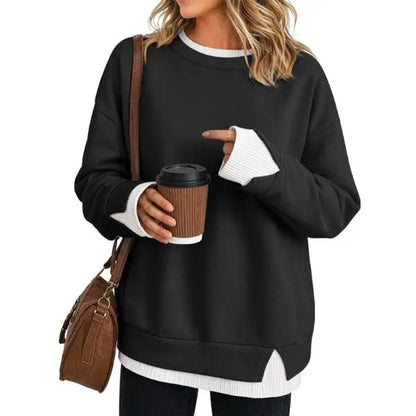 Fisoew Women'S Fake Two Piece Layered Sweatshirt, Crew Neck White Ribbed Cuff & Hem Patchwork Drop Shoulder Oversized Long Sleeve Pullover Top Hoodie Hoodie Fit Casual