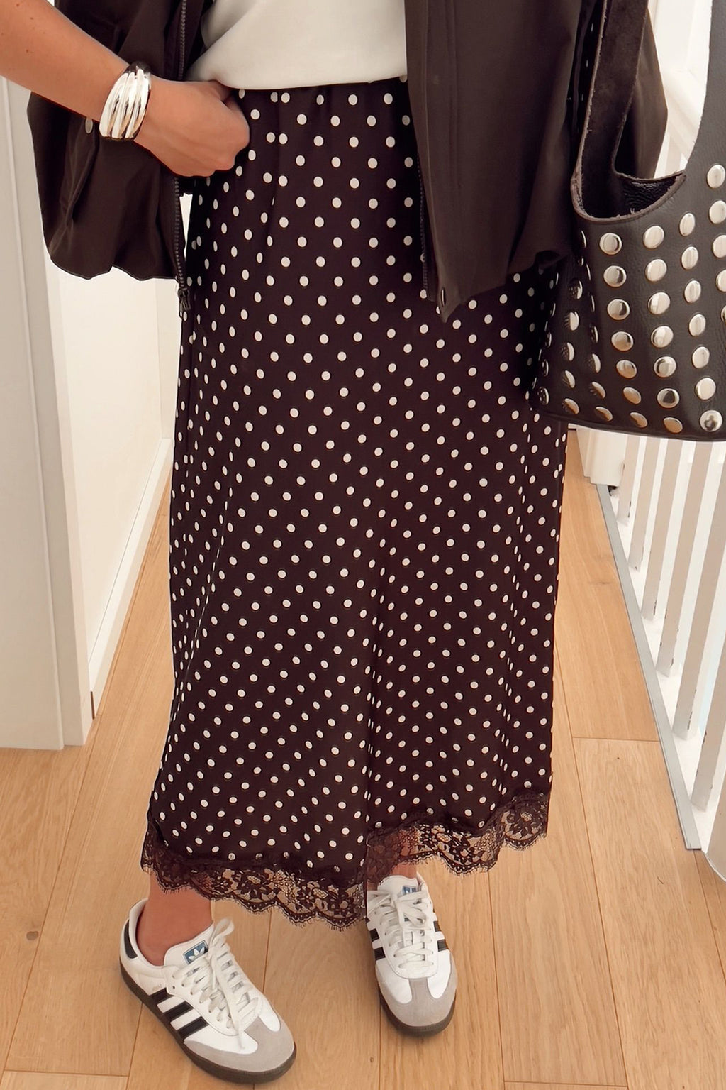 Khaki Polka Dot Lace Hem Elegant Long Shift Skirt